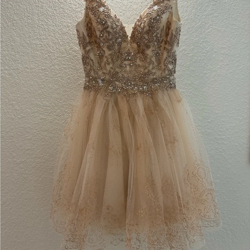 Dancing Queen Formal Sleeveless Mini Metallic Champagne Gold Dress‎ Women's XS